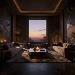 videogame screenshot of a dark dreamy luxury living room, candlelight, sunset glow, dusk, shadows, wood concrete marble finishes, octane render, volumetric lighting, raytracing, symmetrical wide shot low angle