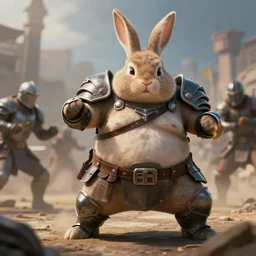 cinematic shot of obese anthropomorphic bunny in armor fighting in battle by greg rutowski, 4 k, masterpiece
