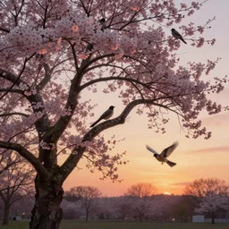 birds on cherry tree, Changelingcore, serene, graceful, sunset photo at golden hour, Kodachrome, digital painting by M. C. Escher