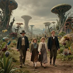 sharp, highly detailed, 10240k film, 17150mm film still from a sci fi blockbuster color movie made in 2019, set in 1860, of a family walking through a very alien landscape that is full of strange alien plants and wild life, on an alien planet, the family are all wearing 1860s era clothes, cinematic lighting, in focus, 35mm f/1.4L lens