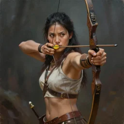 tribal archer woman aiming her bow off camera, painting, artstation, epic, intense lighting