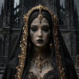 dark fantasy princess veiled portrait. black eyes. clay texture on face. gothic style. golden complex baroque ornaments. black gothic cathedral architecture. trending on artstation. dariusz zawadzki. zdzislaw beksinski. octane render
