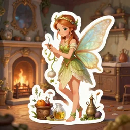 a close - up of a fairy in a vintage magical kitchen, with a fireplace in the background d & d, fantasy, intricate, elegant, digital painting, artstation, concept art, smooth, sharp focus, sticker illustration