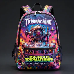 fashion photo of a stylish back pack, band merchandise, bandname is tripmachine, tourname is invasion of the tripmachines, realistic digital art, printed with a 3 d render of a huge futuristic steampunk generator, 8 k, fluorescent colors, halluzinogenic, multicolored, exaggerated detailed, unreal engine