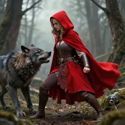 a beautiful red riding hood warrior fighting a werewolf. 8k