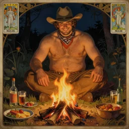 a dark ethereal painting: a handsome! chubby shirtless man wearing a cowboy hat and a bandana around his neck sits behind a campfire at night. in front of the campfire is an assortment of food and beverages. the man is smirking mischievously. tarot card, art deco, art nouveau. in the style of Alphonse Mucha. trending on artstation.