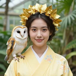 portrait photograph of an extremely beautiful!!!! young female, symmetric face!, symmetric round detailed eyes!!, slight smile, natural light, wearing a yellow kimono!! with a very detailed barn owl! on her shoulder in a tropical greenhouse. shallow focus. looking at the camera!!. golden crown made of golden leaves. super resolution. extremely detailed sharp face. graflex camera!, bokeh!!!!! trending on artstation.