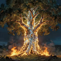 a giant glimmering tree with a big trunk made of glass getting burned down, high intricate details, rule of thirds, golden ratio, cinematic light, 8 k, octane render, anime style, graphic novel by fiona staples and dustin nguyen, art by beaststars and orange, peter elson, alan bean, studio ghibli, makoto shinkai
