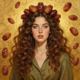 epic painting of highly detailed long curly brown haired female in olive blouse on golden glowing background with sweet dried dates, medjool dates, dried dates crown in style of amy leibowitz, wlop, jeremy lipkin, beeple