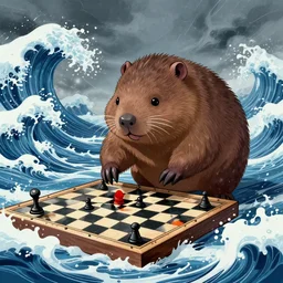 futuristic wombat playing chess between stormy waves out at sea drama japanese illustration