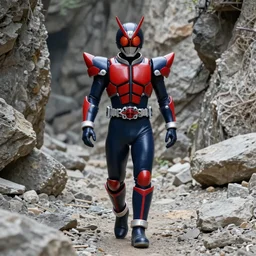 High Fantasy Kamen Rider walking in a rock quarry, single character full body, 4k, glowing eyes, daytime, rubber suit, dark blue with red secondary color dragon inspired segmented armor made out of pvc plastic, ultra realistic, vibrant colors, Cinematography