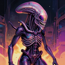 “H.R. Giger's xenomorph reimagined Lisa James, 90s hyper color digital illustration”