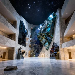 modern architectural hall with a sense of science and technology, with starlight on the top, by stuart lippincott and jean nouvel, coloured, obsidian, geometry, octane render, ray tracing, realistic, diorama, ultra wide angle, ray tracing, volumetric lighting, dynamic lighting, dramatic lighting, high contrast, concept art, marble, religious, surrealism, catholicpunk, stark, trending on artstation