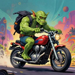 psychedelic airbrush art of an orc riding a motorcycle