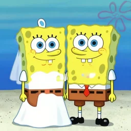 a beautiful scrinshort of wedding couple in style of spongebob squarepants cartoon, coherent symmetrical faces