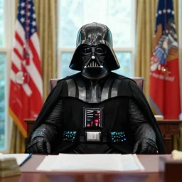 film still of Darth Vader is president of the United States sitting in the Oval Office in the new Star Wars movie, 4k