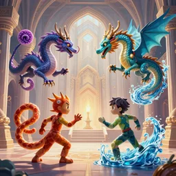 epic fight of colorful Ouroboros and water dragon floating around inside an ancient mage castle hall colossal scale, gothic and baroque, brutalist architecture, ultradetailed, intricate details by Ellen Jewett and Ayami Kojima