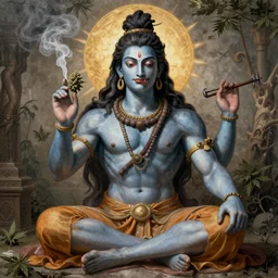 muscular Lord Shiva smoking marijuana, in the style of Italian Renaissance