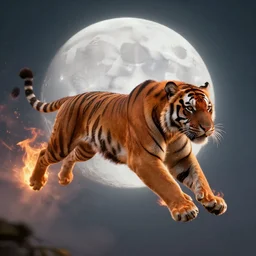 a unreal engine scene, tiger of fire flying, full moon, concept art, hyperrealistic, trending on artstation, high quality, highly detailed, path traced, soft lighting, soft colors, digital art, 8 k hdr, octane render, unreal engine 5,
