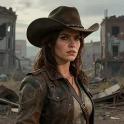 fallout 5, charismatic beautiful, rugged, brunette female protagonist wearing a cowboy - hat, portrait, outdoors ruined cityscape, atmospheric lighting, painted, intricate, volumetric lighting, beautiful, spring, sharp focus, deep colours, ultra detailed, by leesha hannigan, ross tran, thierry doizon, kai carpenter, ignacio fernandez rios