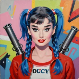 greg manchess portrait of evil audrey hepburn as harley quinn, two long braids blue with bazookas, organic painting, sunny day, matte painting, bold shapes, hard edges, street art, trending on artstation, by huang guangjian, gil elvgren, ruan jia, randy vargas, greg rutkowski