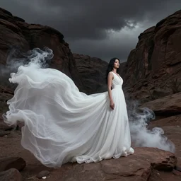 photo, a woman in a giant flowing incredibly long dragging white dress made out of white smoke, standing inside a dark western rocky scenic landscape, volumetric lighting