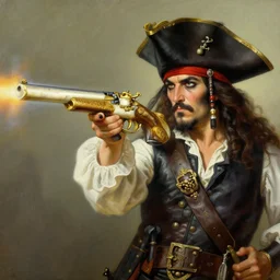 highly - detailed painting by frazetta of a an elegant wealthy pirate firing an ornate elaborate pistol made of ivory and gold.
