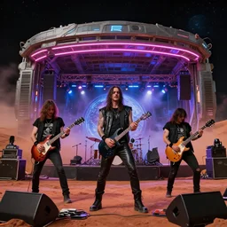 heavy metal band playing rock show in an amphitheater on mars, mars space bar, mars colony rock show, neon lights, futuristic, science fiction, space opera