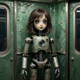 animatronic dolls on the subway by margaret keane, 1 9 6 0 s, vaporwave, glass eyes, real hair, dimly lit, distressed venetian green plaster walls, liminal space, haunting atmosphere, gothic, photorealistic, hyperdetailed 3 d matte painting, hyperrealism, hyperrealistic, cinematic, silent hill, horror style, unrealengine octane render