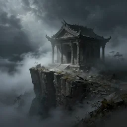 broken temple on a foggy cliff side under a starlit sky, matte painting, fantasy, dark fantasy, style of jordan grimmer, digital painting, trending on artstation, high detail, volumetric lighting, godrays