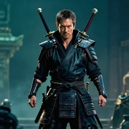 movie still frame, ken watanabe as cyberpunk samurai, swords on shoulders, epic pose, badass, weapons strapped on shoulders, beautiful composition, 8 k, cgi, by ridley scott, zack snyder and michael bay