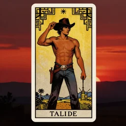 a beautiful tarot! painting of a handsome shirtless cowboy in front of a deep red sunset, homoerotic, twilight, evening, golden hour, art deco!, art nouveau, silhouette, trending on artstation