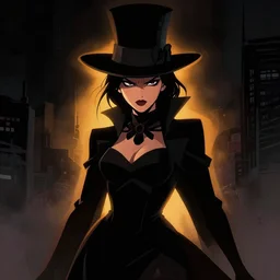 cell shaded, portrait of a woman magician performer, dark background, dramatic bold lighting, solid colors and blacks, thick lines, dark shadows, sharp edges, artstation, photoshop, noir, backlit, trending, grunge, high contrast, comic, cartoon, graphic novel, dark background, digital 2 d, artstation, marcin sobon, city of mist