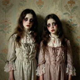 a beautiful and eerie baroque painting of two beautiful but creepy siblings wearing french girl outfits in layers of fear, with haunted eyes and dark hair, 1 9 7 0 s, seventies, wallpaper, a little blood, morning light showing injuries, delicate embellishments, painterly, offset printing technique, by brom, robert henri, walter popp