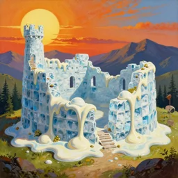a vivid surrealist painting of a melting, gooey, medieval ruin made out of melting ice cream, the walls are wavy and slowly melting under the heat of the sun. made of melting ice iglo bricks on a hill in the mountains and forest on a scorching hot day, in the style of dali