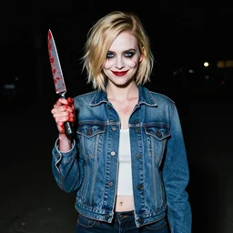 loish, artgerm, Joshua Middleton art, Rafeal Albuquerque, pretty Alison Brie serial killer holding bloody knife in right hand realistic hand, blood on clothes and face, sarcastic smile, symmetrical eyes, symmetrical face, jean jacket, jeans, short blonde hair, middle shot, night time, deep blacks