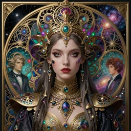 detailed realistic beautiful young groovypunk queen of galaxy in full regal attire. face portrait. art nouveau, symbolist, visionary, baroque, giant fractal details. horizontal symmetry by zdzisław beksinski, iris van herpen, raymond swanland and alphonse mucha. highly detailed, hyper - real, beautiful