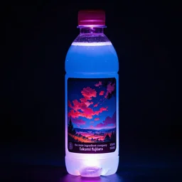 a very nice plastic bottle full with a blue magenta glowing fluid, there is a black sticker on the bottle with the mention : the main ingredient company, anime style, takumi fujiwara