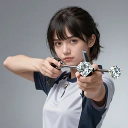 slingshot shooting, diamonds, highly detailed, anime, artgerm, artstation, soft light, sharp focus, illustration