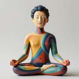 by steve argyle mood macro photo. a mixed mediart of a man with a large head, sitting in a meditative pose. his eyes are closed & he has a serene look on his face. his body is made up of colorful geometric shapes & patterns that twist & turn in different directions.