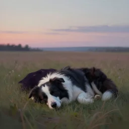 a border collie sleeping in an prairie, ethereal, at dusk, by james jean, by simon stalenhag, pastel shades, octane render, rtx