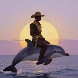 a beautiful painting of a regal african cowboy, riding a dolphin on land! in front of a pale lavender sunrise, dawn, predawn, golden light, art deco!, art nouveau, silhouette, no crop