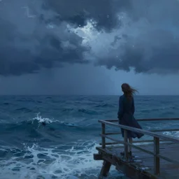 atmospheric dreamscape painting of a woman on a pier on a stormy day, gazing out over the tormented waters by moebius and john harris, atmospheric blues, concept art, saturation 40