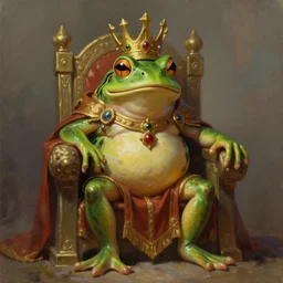 dnd character art for an anthropomorphic frog king, wearing a crown, sitting like a human on a throne, fantasy concept art, dnd character art, digital painting, oil painting, hyperrealistic, highly detailed, artstation, cgsociety, by greg rutkowski, by alan lee, by artgerm