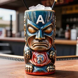 a closeup photorealistic photograph of a glossy captain america style tiki mug sitting at an outdoor trader vic's bar featuring captain america's face. tiki theme. icy drink. bright scene. fine detail. this 4 k hd image is trending on artstation, featured on behance, well - rendered, extra crisp, features intricate detail, epic composition and the style of unreal engine.