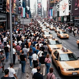 Times Square 1974, crowded, nightmare photograph bustling with people, dirty streets, cabs