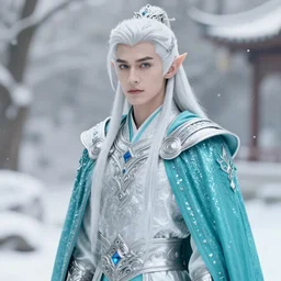 a mid - shot portrait of a handsome snow elf with a bow in a turquoise cape and glittering silver ornate armor, pale skin, winter vibes, intricate, elegant, artgerm, tomasz alen kopera, greg rutkowski, alphonse mucha, concept art, sharp focus, octane render, cgsociety