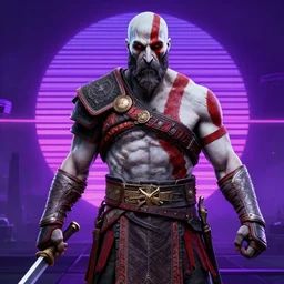 kratos from god of war as real human, retrowave, synthwave, purple color sheme, 8 k photography