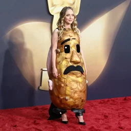 elizabeth olsen dressed as a potato, elizabeth olsen with potato inspired clothes on the red carpet