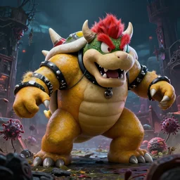 Giga Bowser, Resident Evil virus concept art, destroyed kingdom, highly detailed, horror, scary, terrifying, horrific, hd 4k